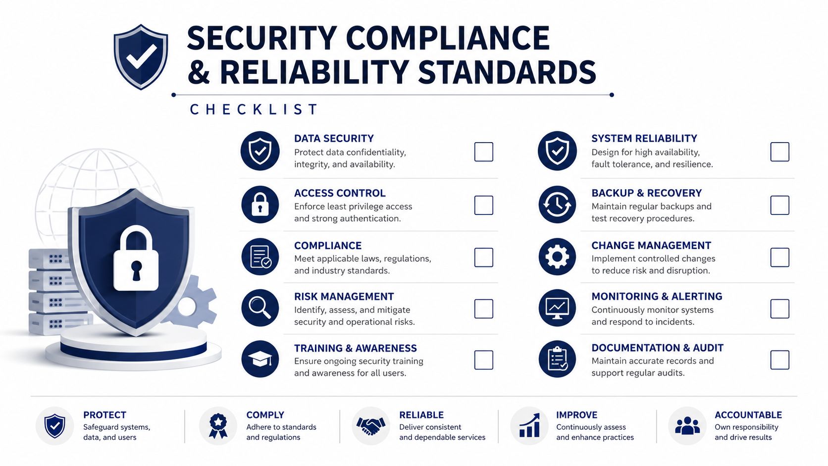 A comprehensive security compliance and reliability standards checklist infographic for cloud communications platform infrastructure management.
