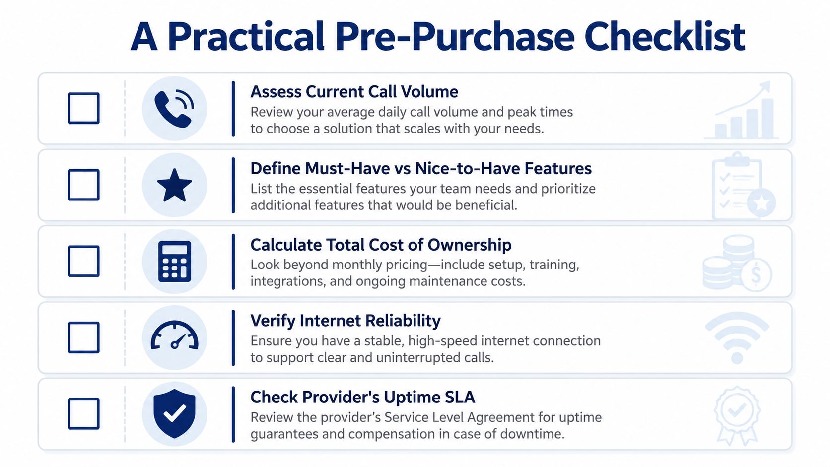 A checklist infographic outlining five essential steps to consider before purchasing a cloud PBX communication solution.