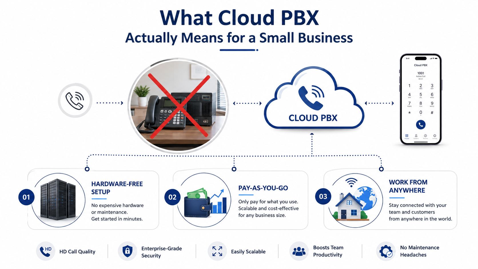 An infographic explaining the benefits of Cloud PBX technology for small businesses including hardware-free setup and flexibility.