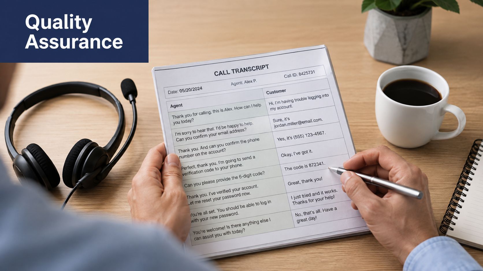 A quality assurance representative reviews a call transcript document while sitting at a desk with a headset.