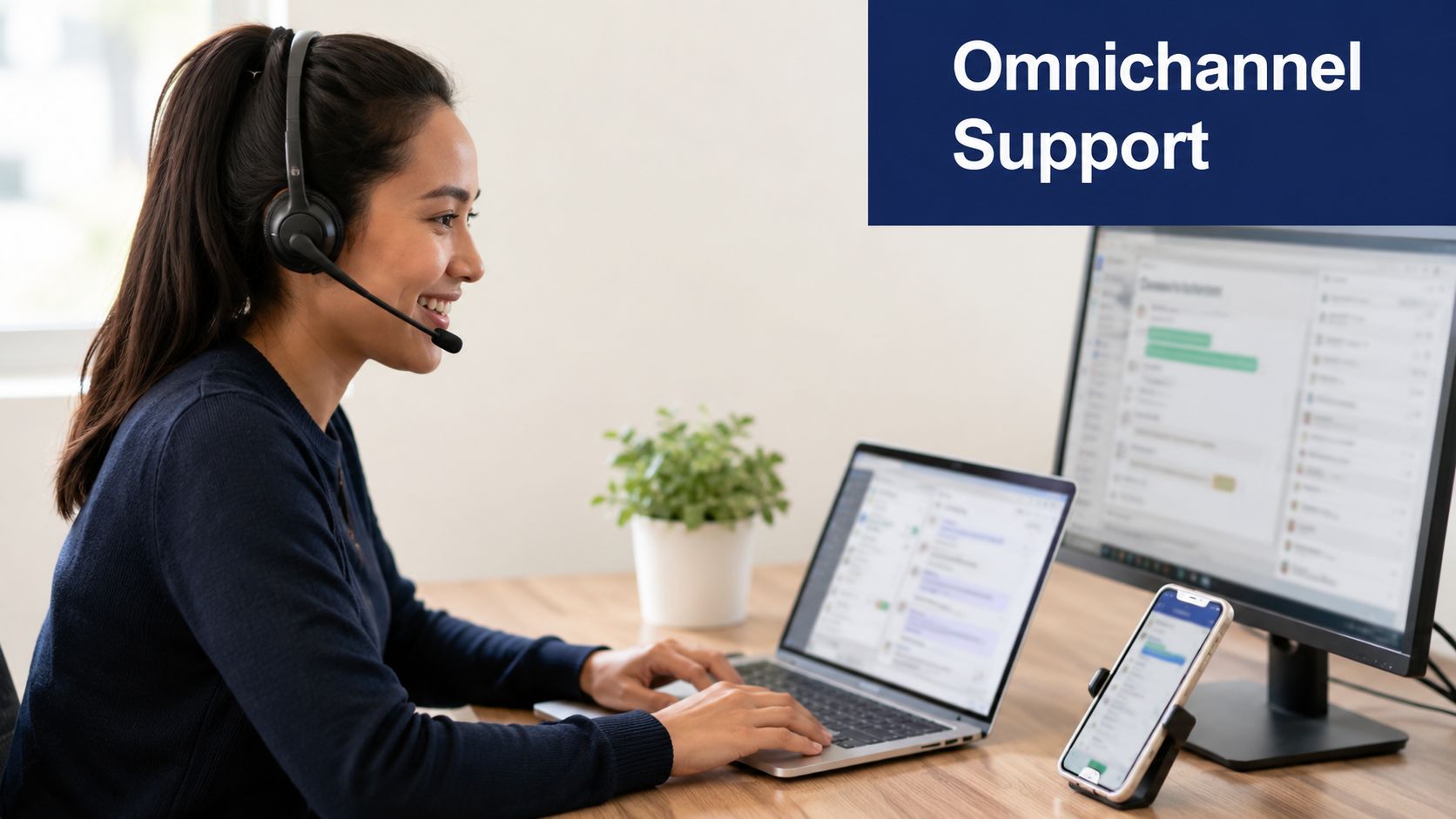 A customer service representative smiling while wearing a headset and working across multiple devices on a desk.