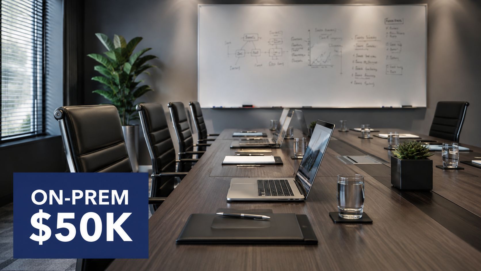 A professional boardroom with laptops on a long table and a whiteboard with business diagrams.