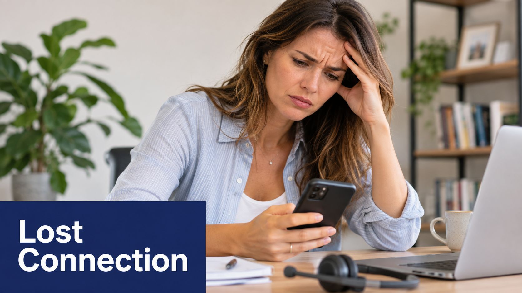 A frustrated woman sits at a desk holding her smartphone, reflecting issues with a phone connection.