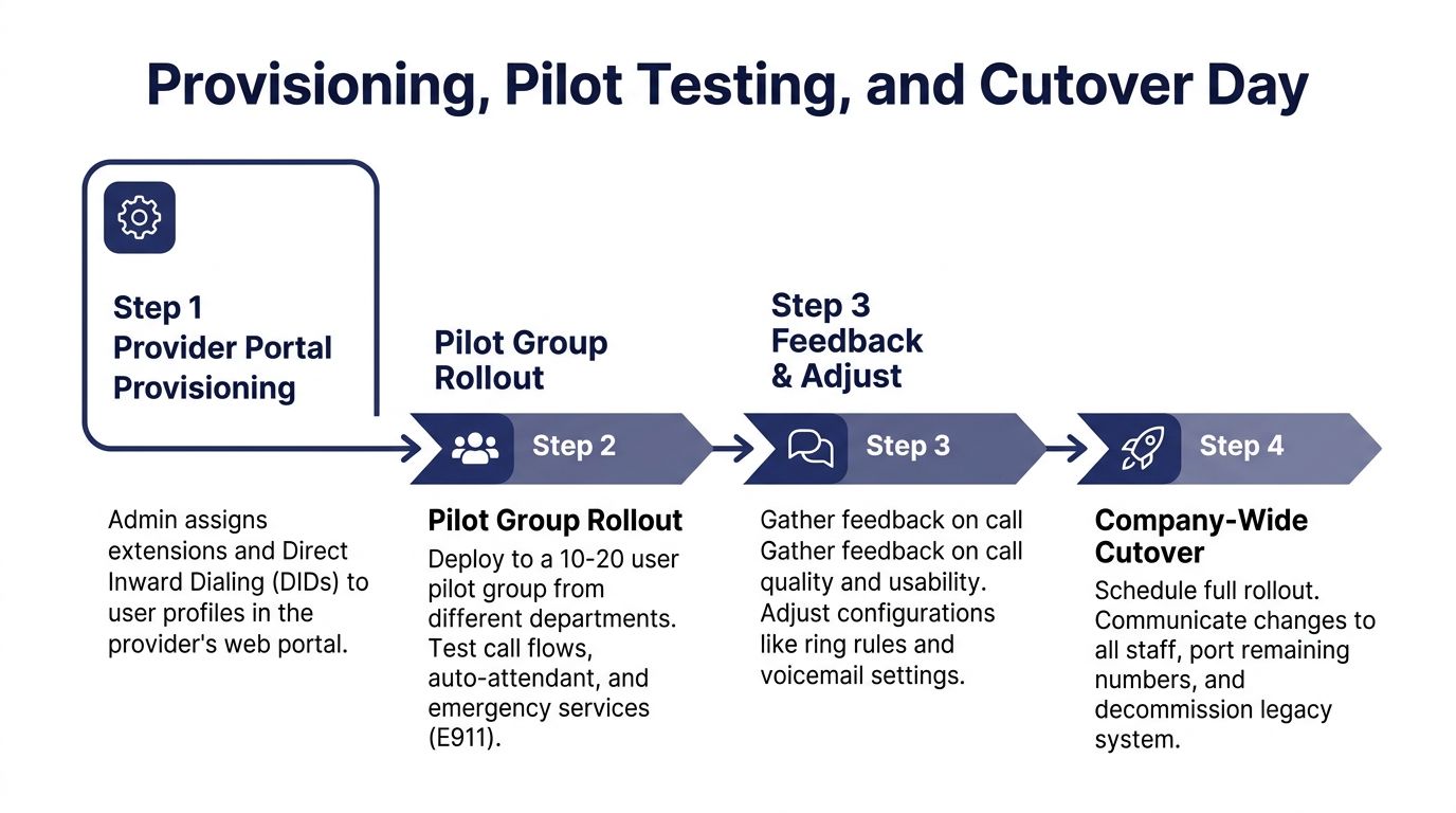 A four-step infographic illustrating the process of provisioning, pilot testing, and company-wide VoIP system rollout.