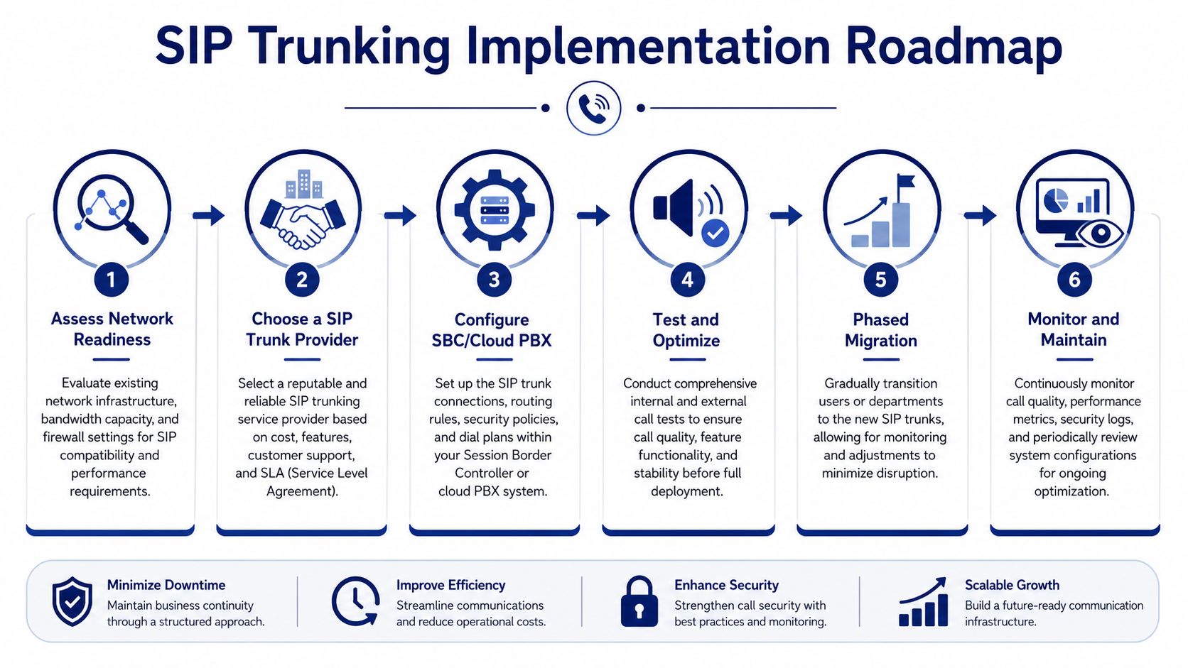 A six-step roadmap for implementing SIP trunking in a business, starting with assessment and ending with maintenance.