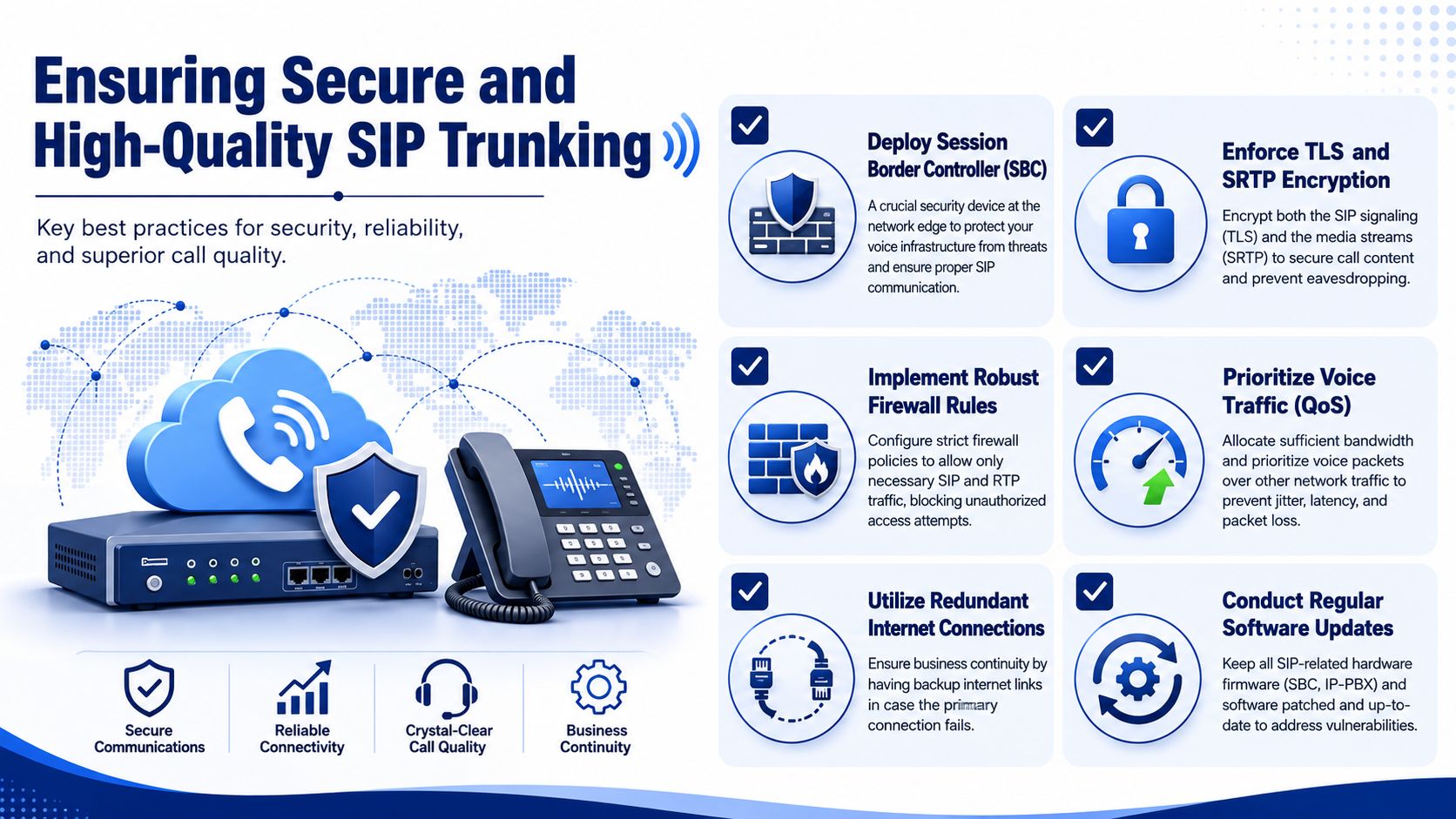 An infographic detailing essential best practices for ensuring secure, high-quality, and reliable business SIP trunking communication services.