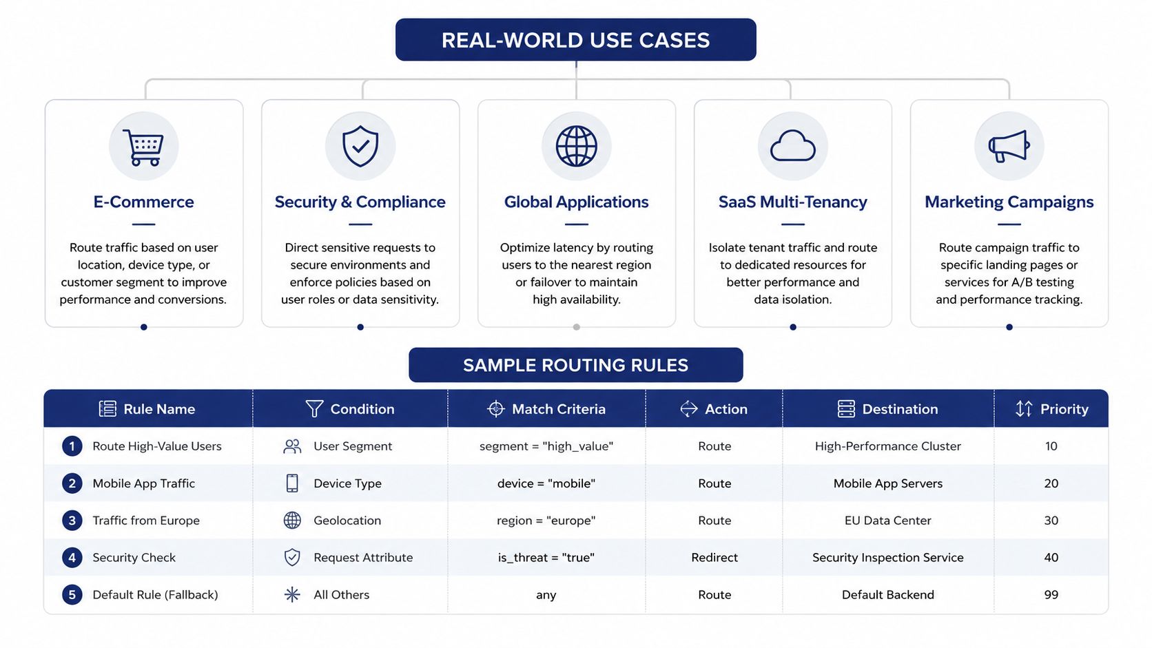 A diagram illustrating real-world use cases for traffic management and a table detailing sample routing rules.