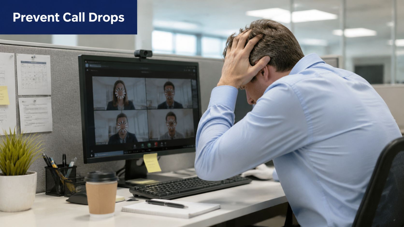 A frustrated office worker holding his head while experiencing a dropped video call on his computer screen.