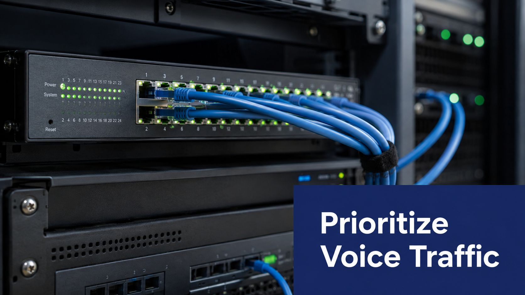 A network switch with connected blue ethernet cables in a server rack for prioritizing voice traffic.