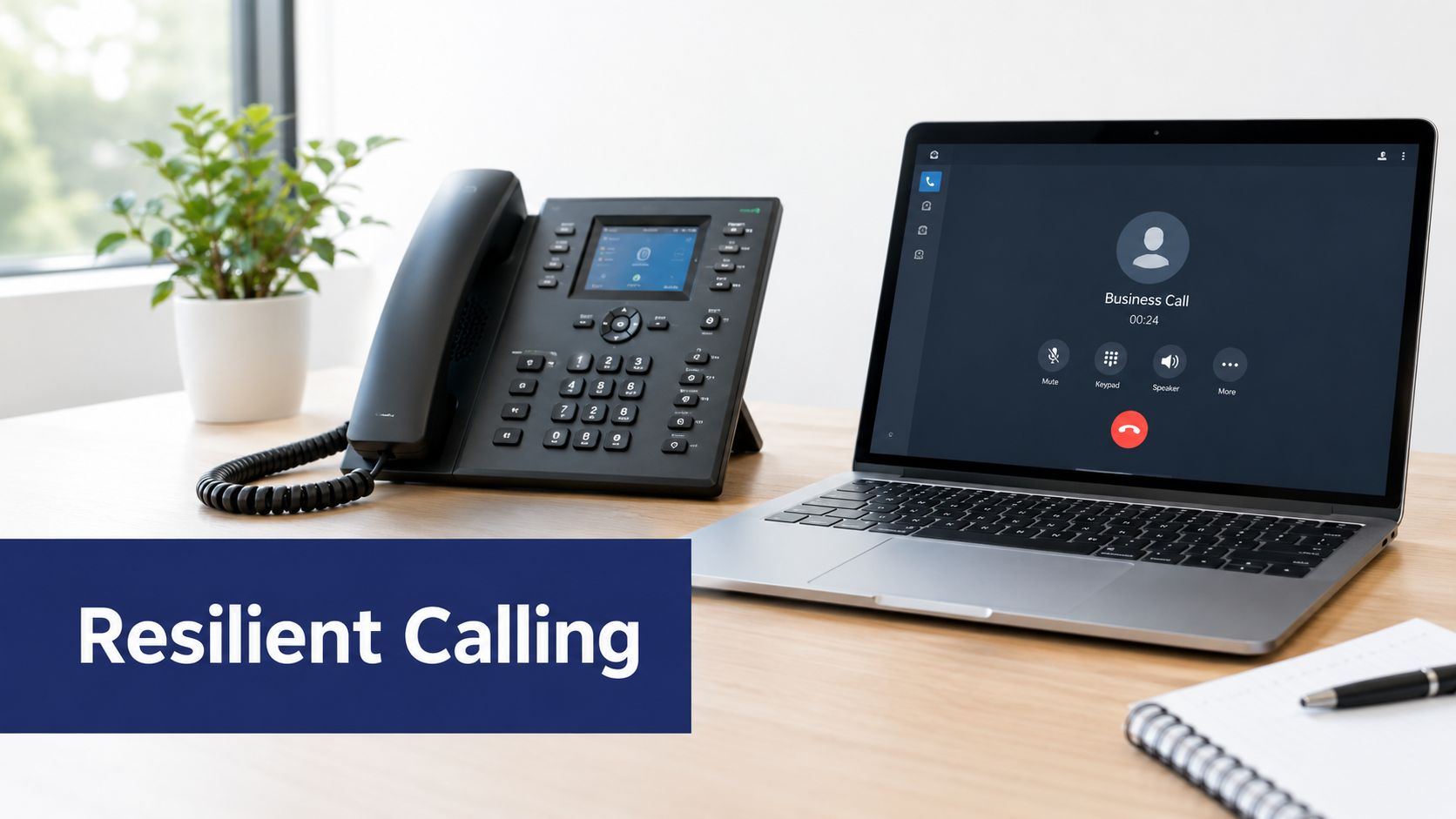 A professional office desk featuring a VoIP desk phone, a laptop on a business call, and a notebook.