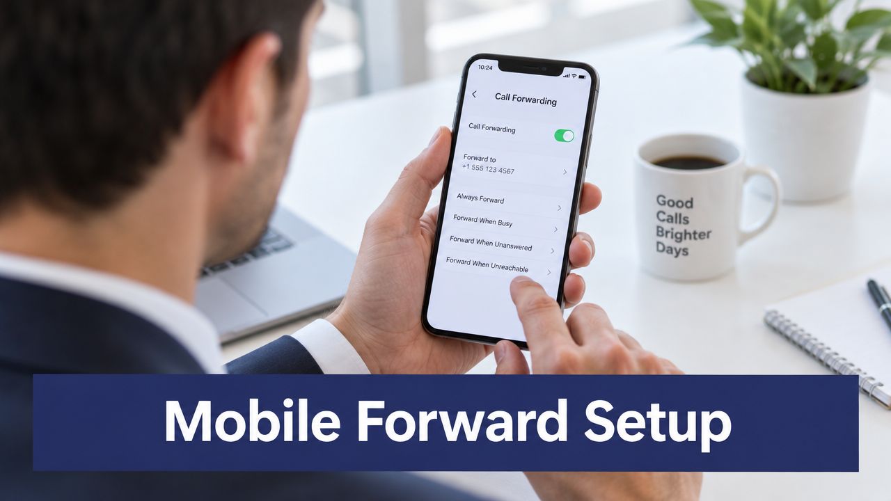 A businessman setting up mobile call forwarding options on his smartphone screen in an office environment.