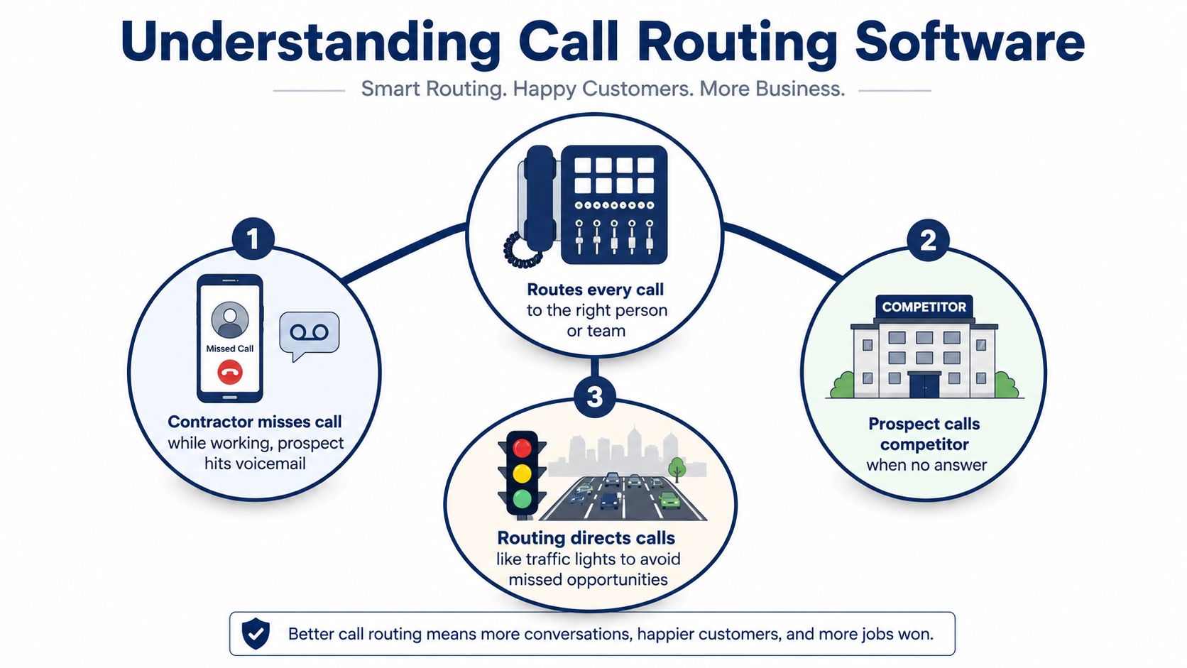 A diagram explaining call routing software that prevents missed calls and directs inquiries to the right team.