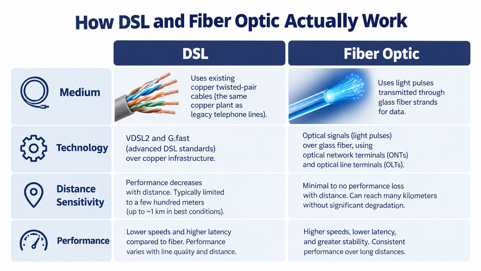 A comparison chart explaining the differences between DSL and fiber optic internet technologies regarding medium, distance, and performance.
