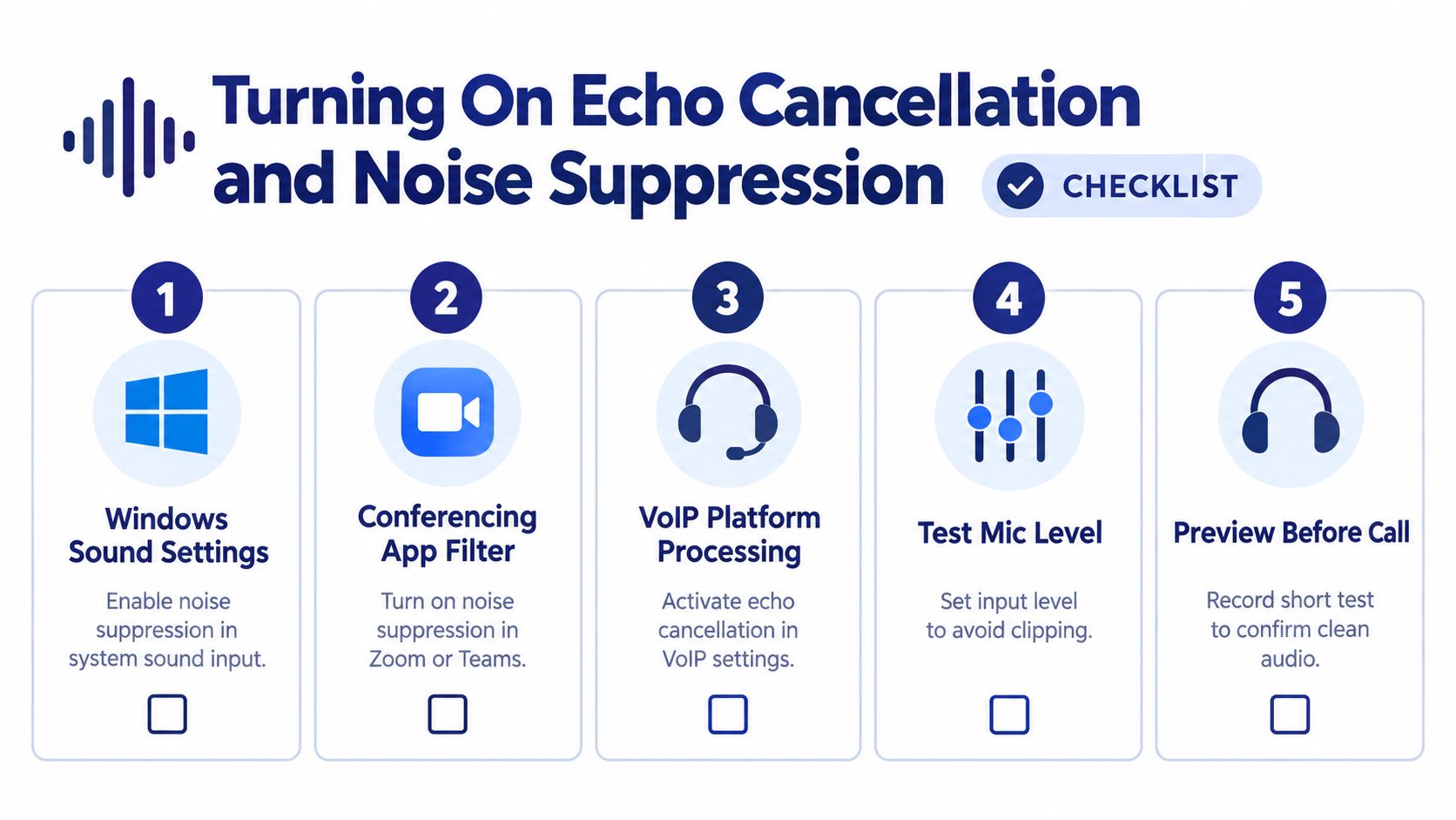 A five-step checklist infographic for enabling echo cancellation and noise suppression for clearer audio during calls.