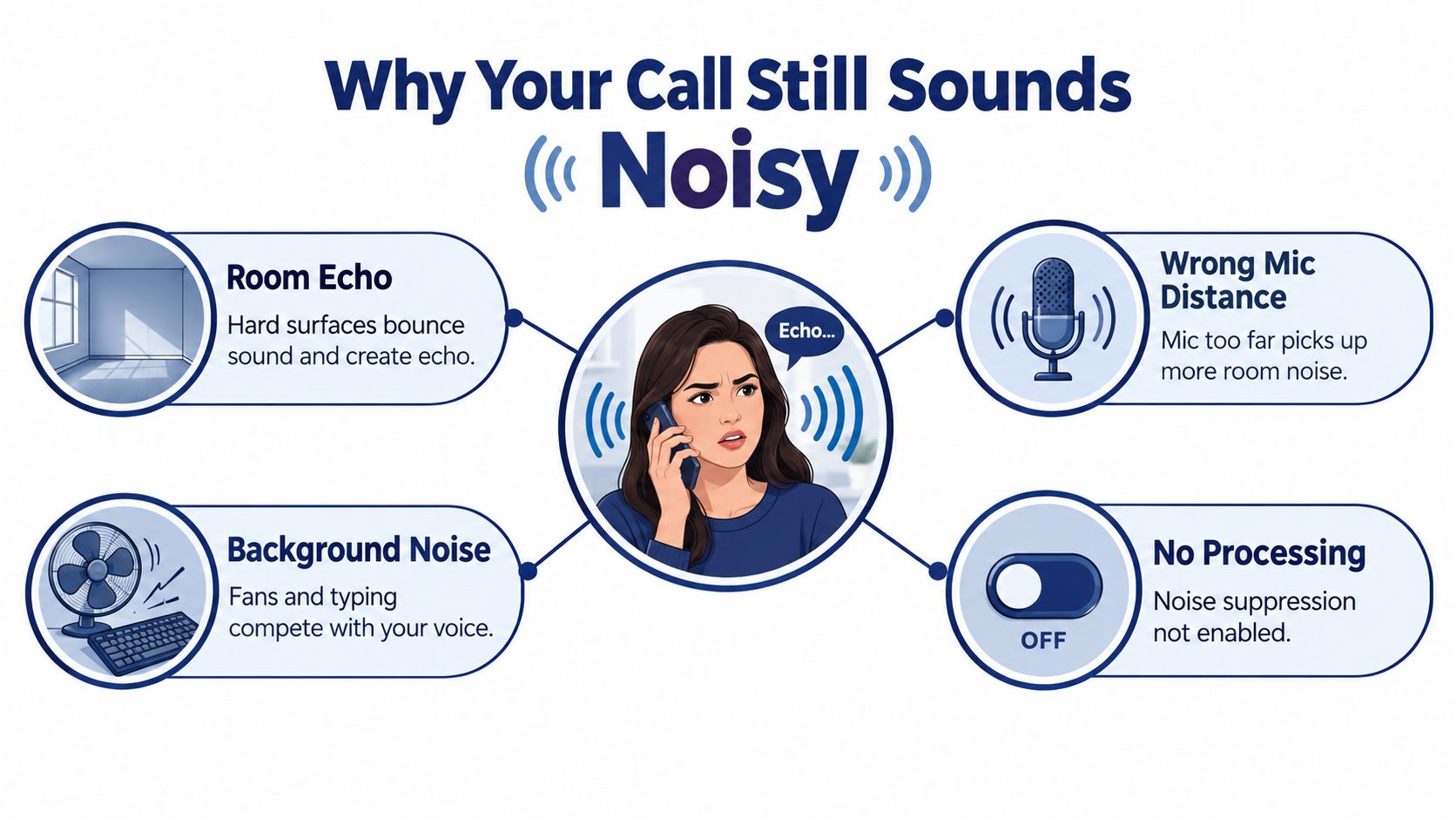 An infographic titled Why Your Call Still Sounds Noisy, illustrating four common causes of poor audio quality.