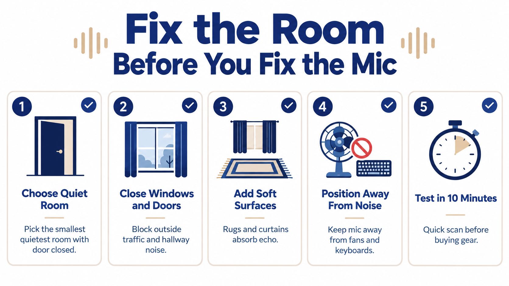 An infographic showing five steps to reduce background noise for better recording and audio quality.