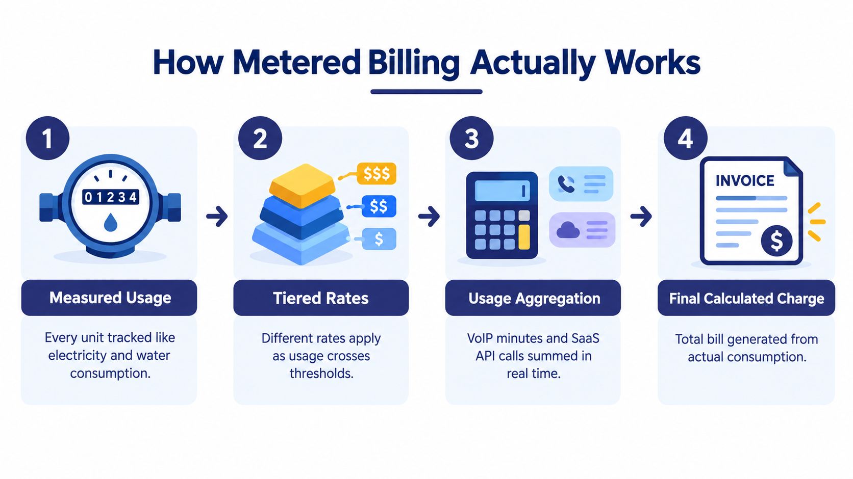A four-step infographic explaining how metered billing works, from tracking usage to generating a final invoice.