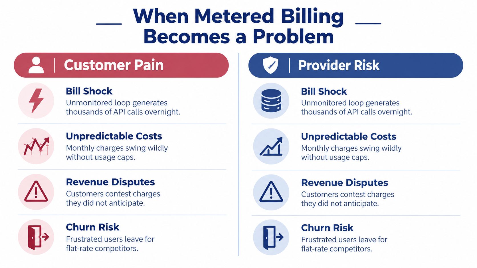 A comparison chart showing customer pain and provider risk associated with unpredictable metered billing costs.