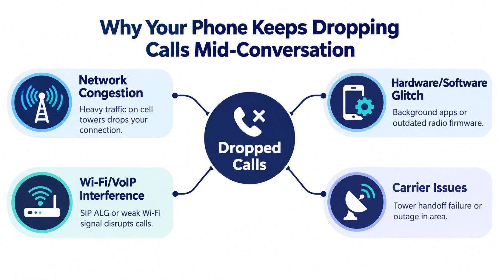 A diagram explaining four common reasons why mobile phones experience dropped calls mid-conversation, including network and carrier issues.