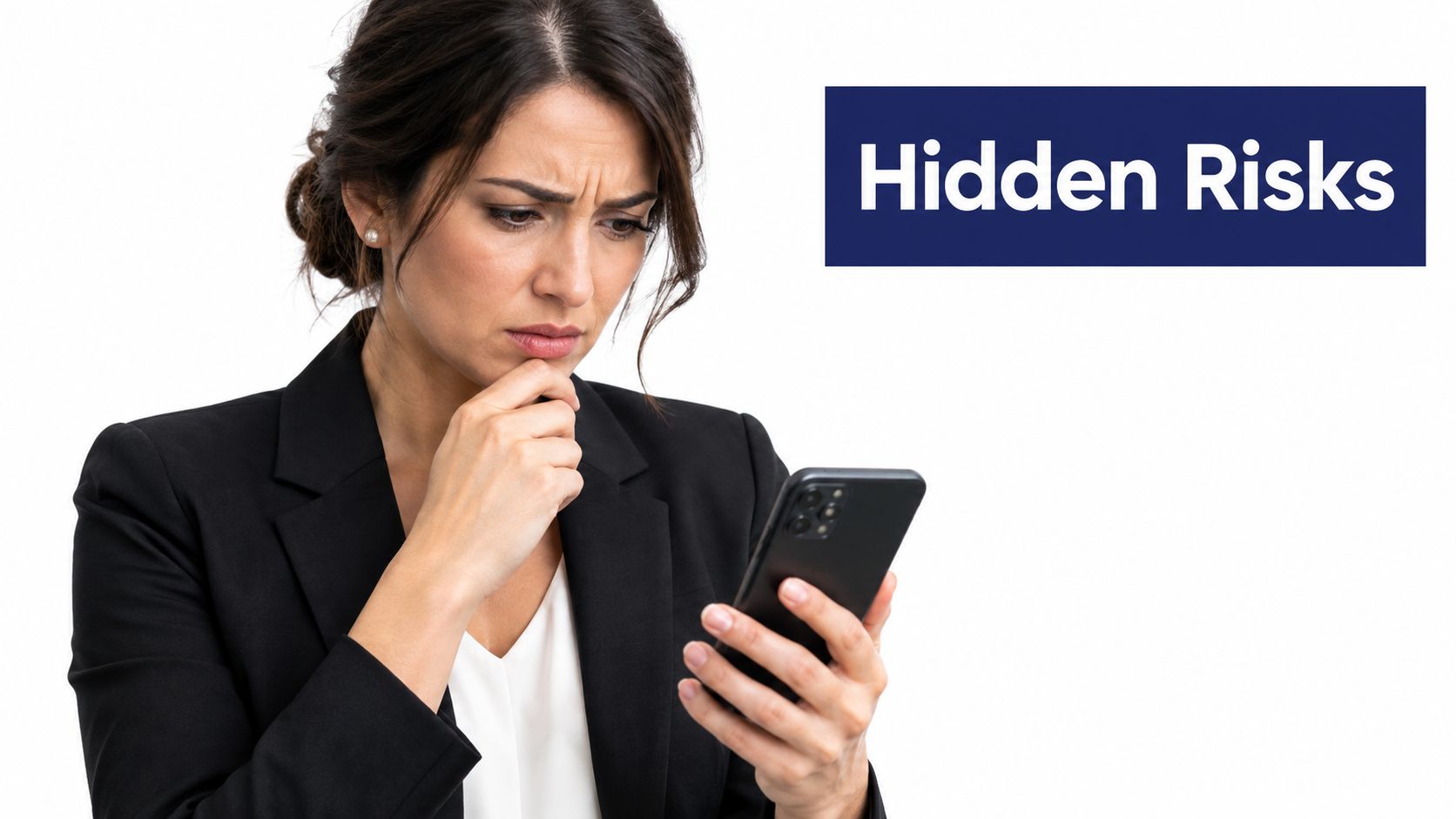 A concerned professional woman in a suit looking at her smartphone with a troubled expression, isolated background.
