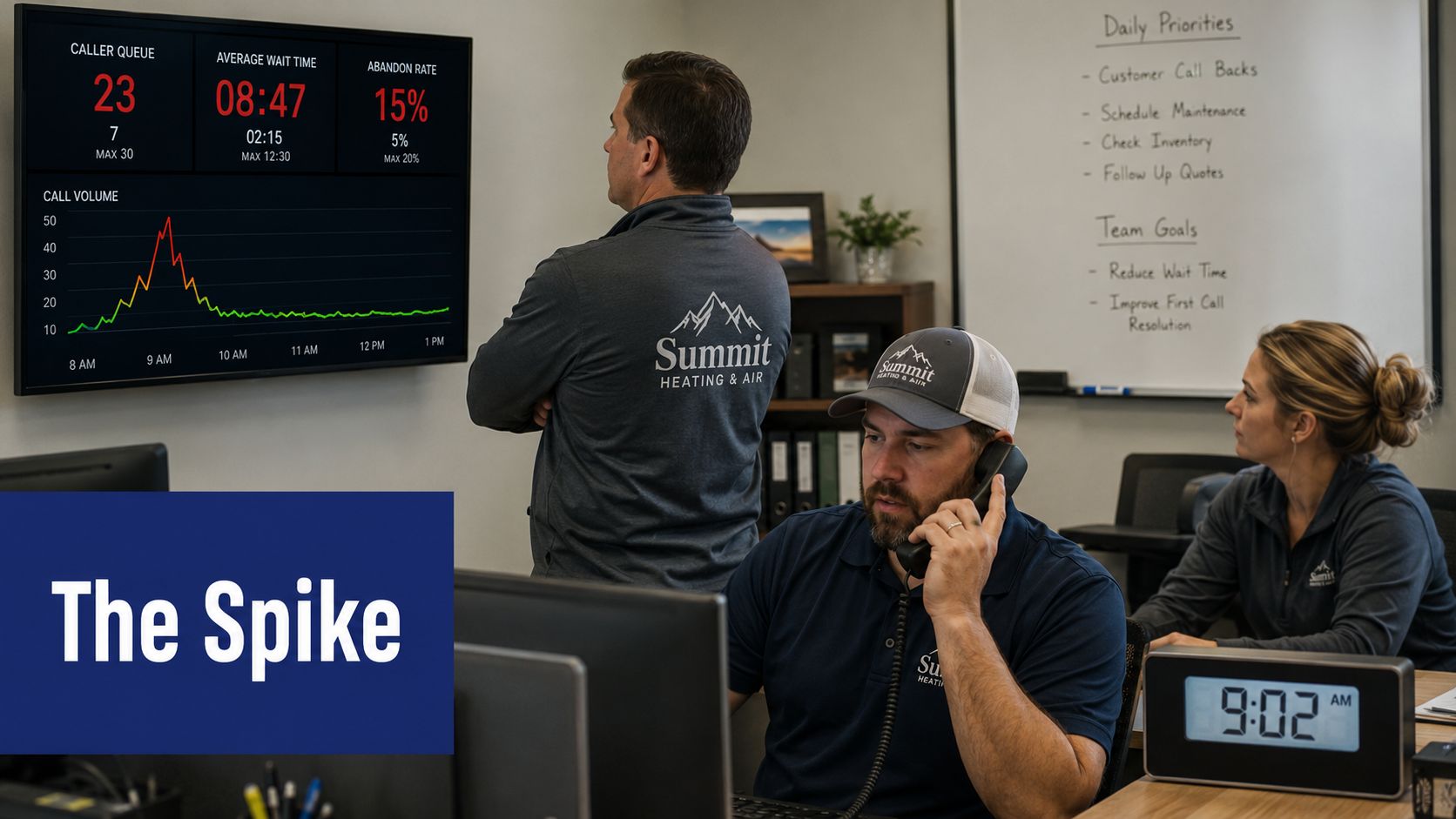 A professional team at Summit Heating and Air monitors live call center data on a large display.