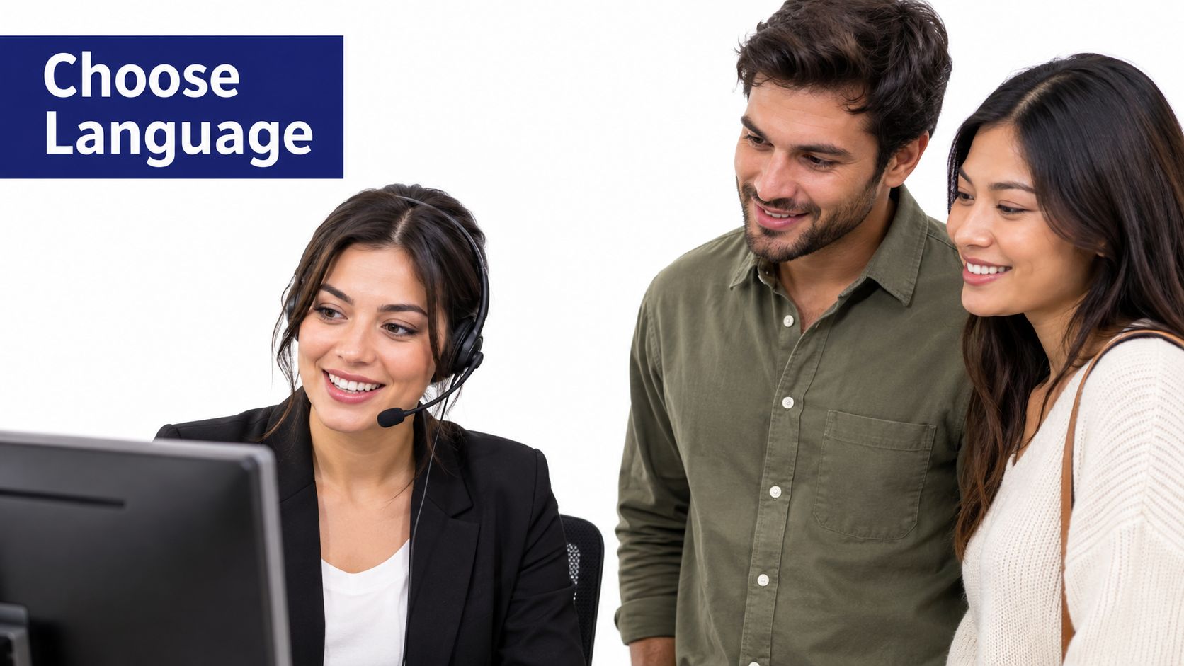 A friendly customer service representative wearing a headset assists a couple at a computer office desk.