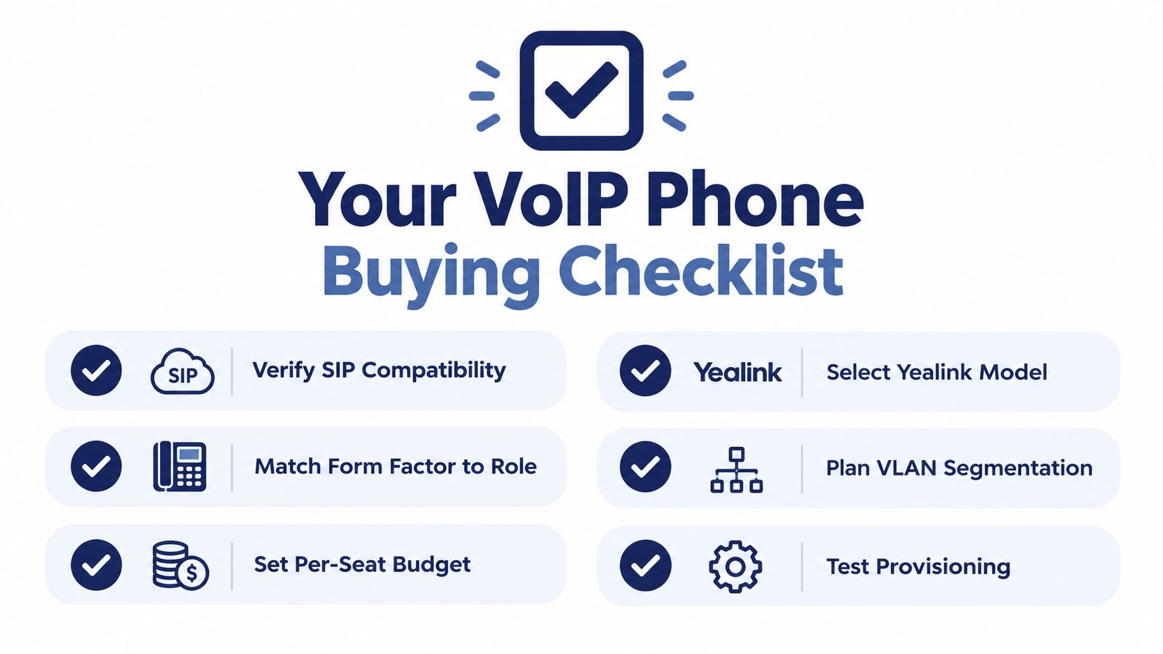 A visual checklist outlining the six key steps for selecting and purchasing business VoIP phone systems.