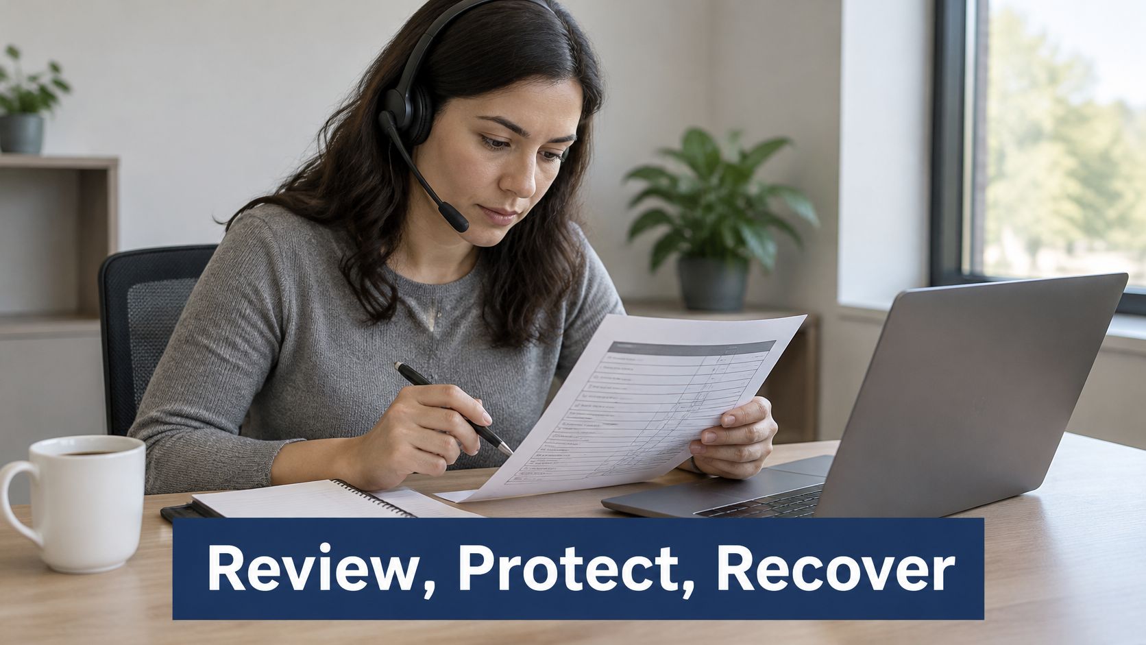 A professional woman wearing a headset reviewing a document at her desk with a laptop and coffee.
