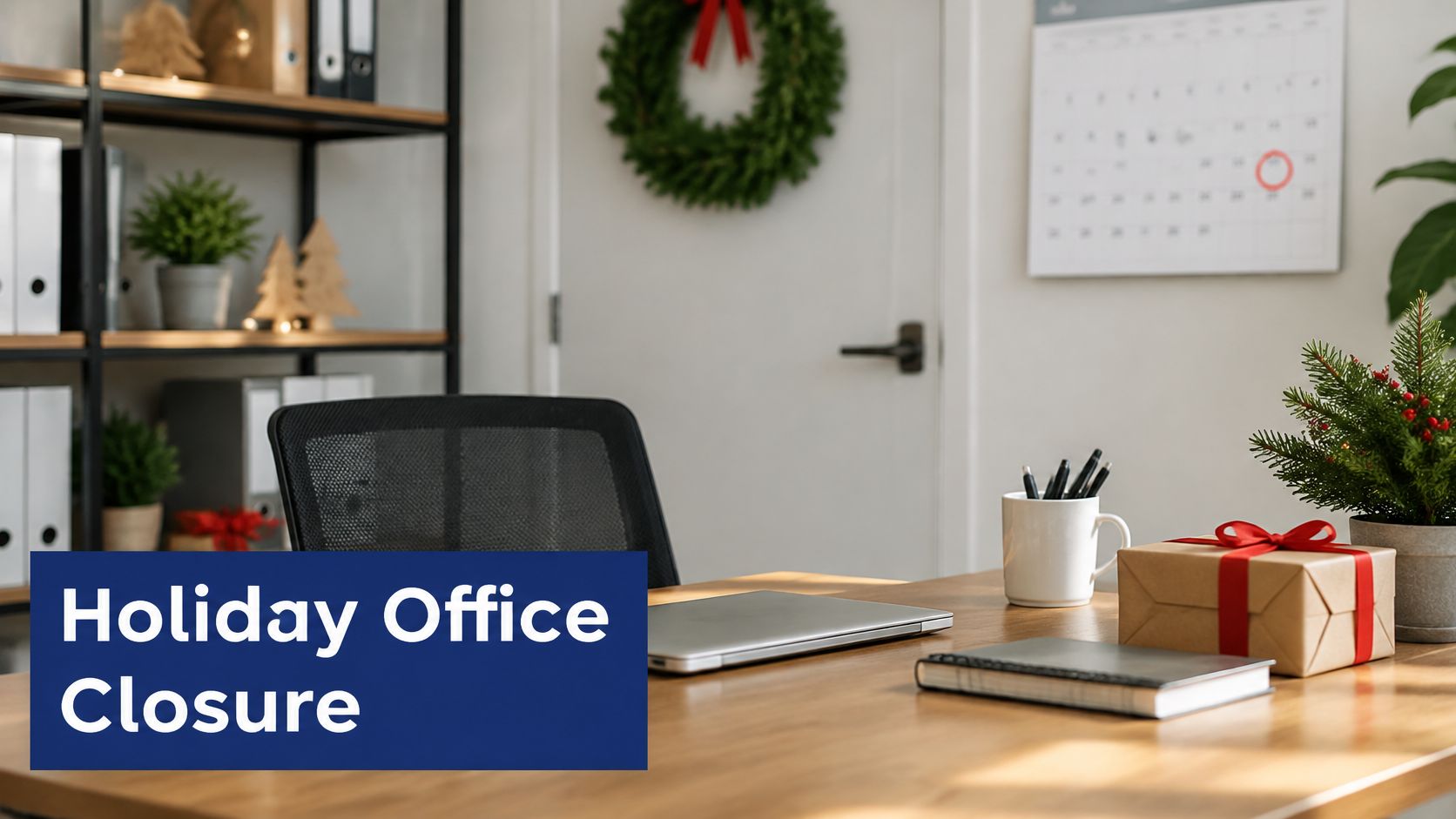 A festive office desk with a laptop and wrapped gift, announcing a holiday office closure for business.