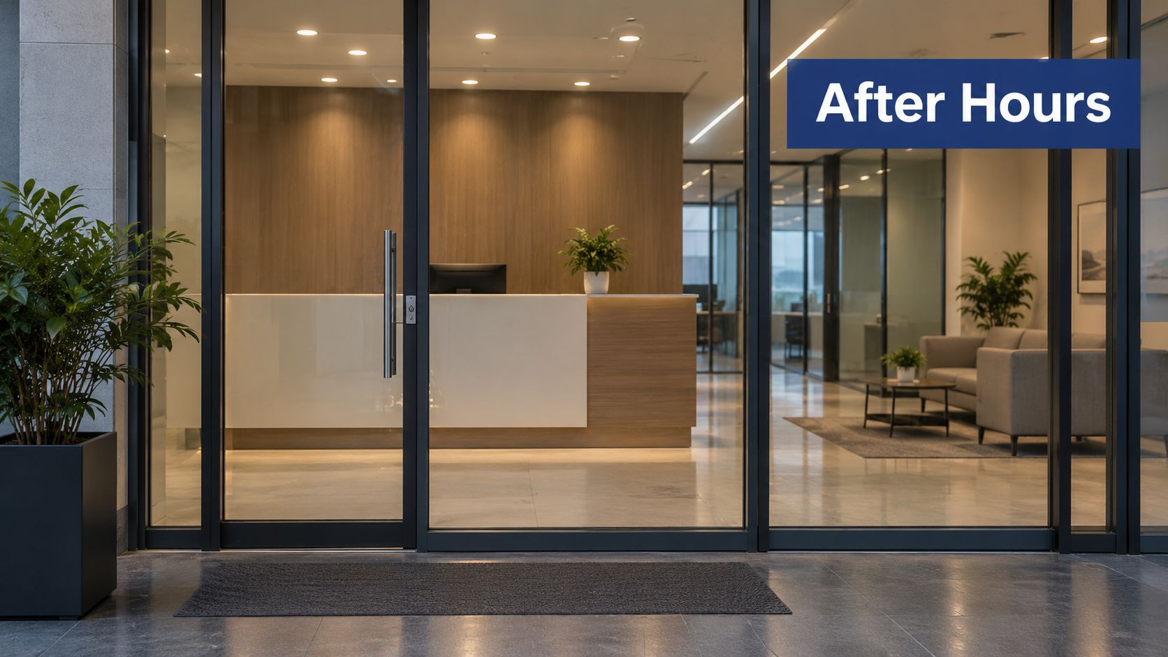An empty modern office reception area viewed through glass doors with an After Hours sign.
