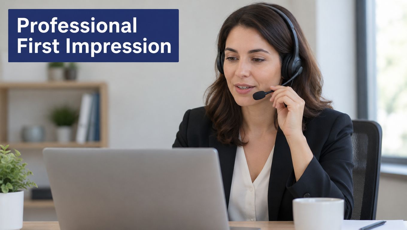 A professional woman wearing a headset, working on her laptop in a clean, modern office environment.