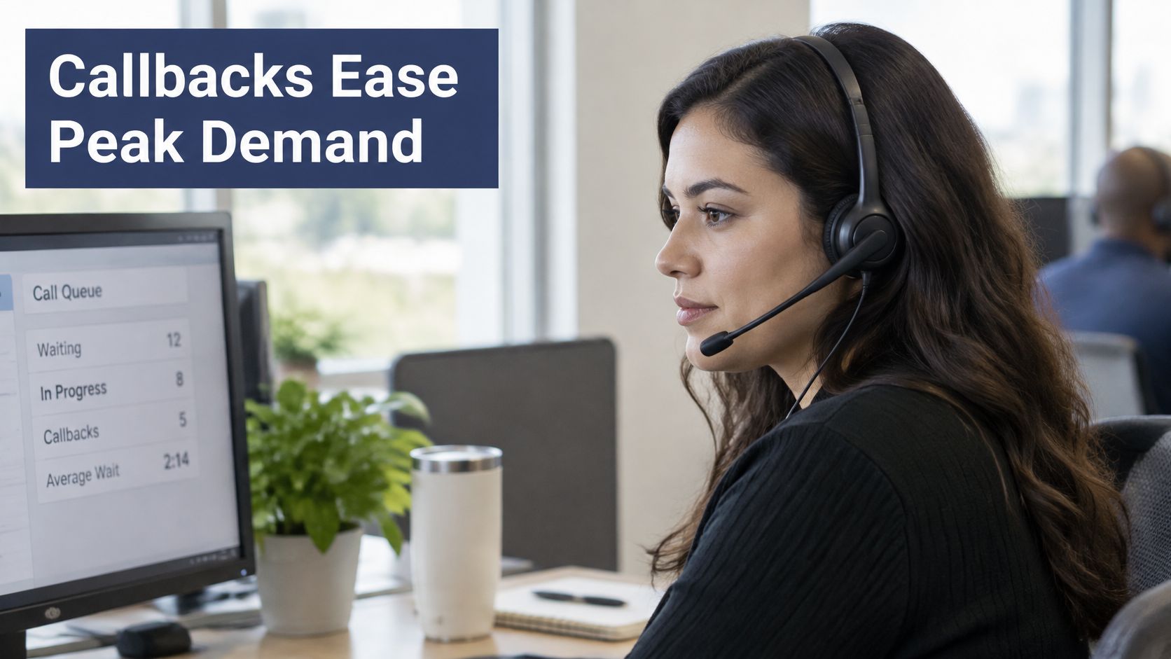 A professional customer service representative wearing a headset while looking at call center software metrics.