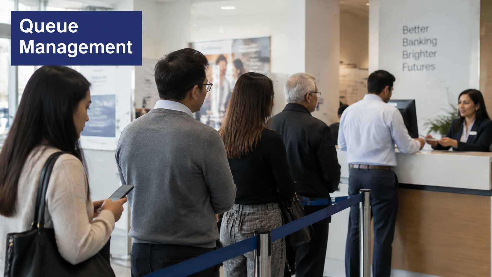 People waiting in an orderly line at a bank counter for queue management services.
