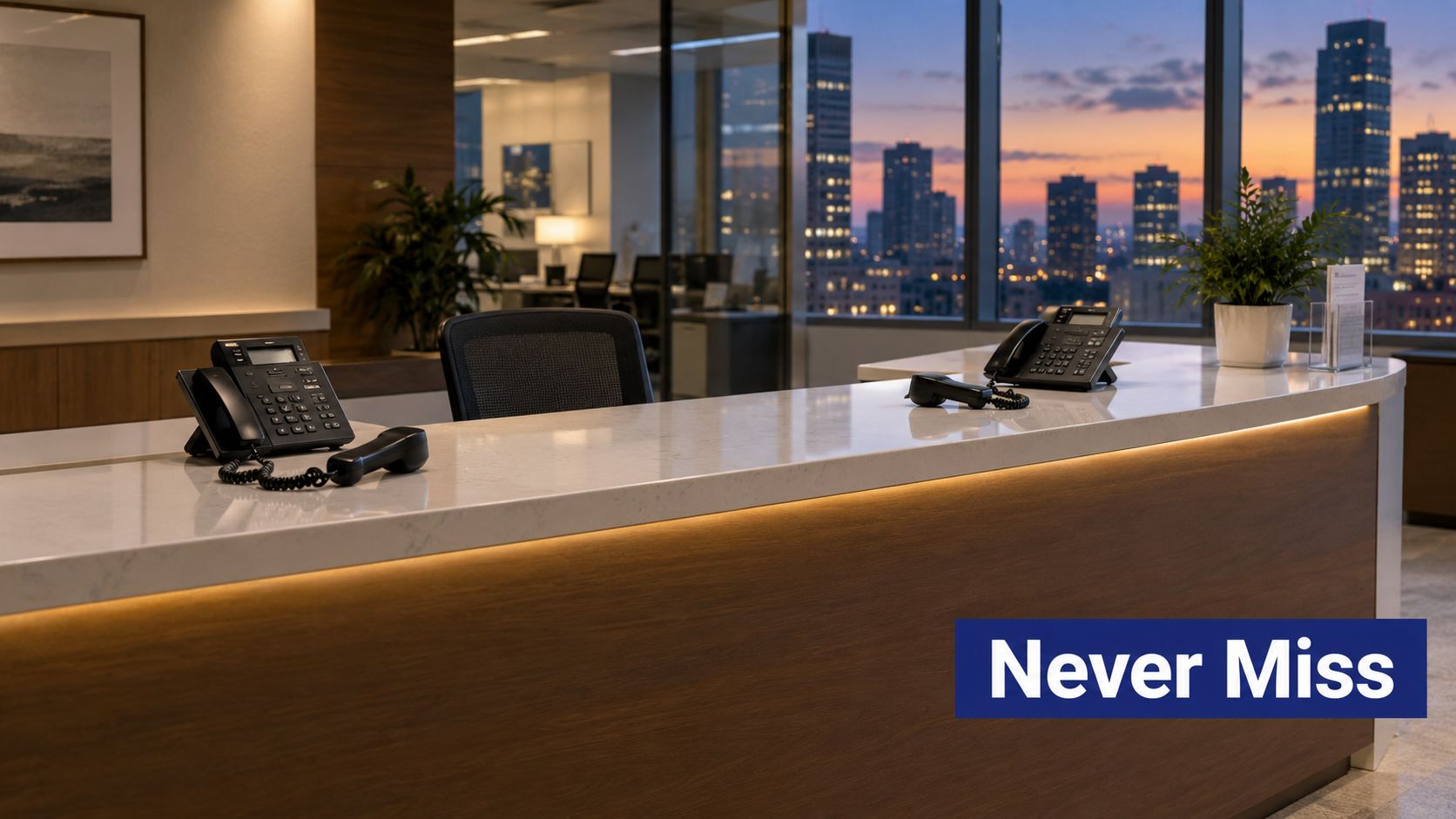 A modern reception desk featuring two landline telephones overlooking a scenic city skyline at twilight.