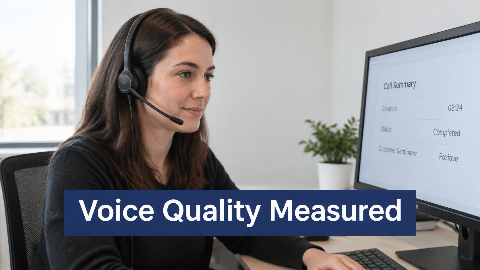 A professional customer service representative wearing a headset working on a computer in a modern office.