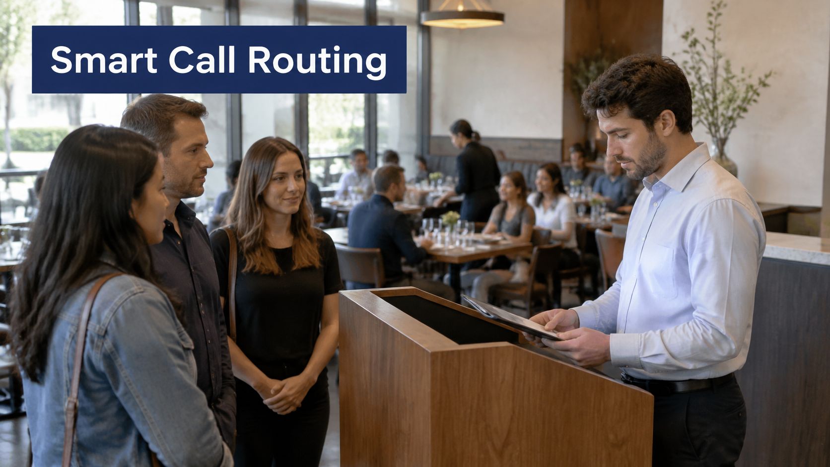 A restaurant host looking at a digital tablet while checking in a group of customers at podium.