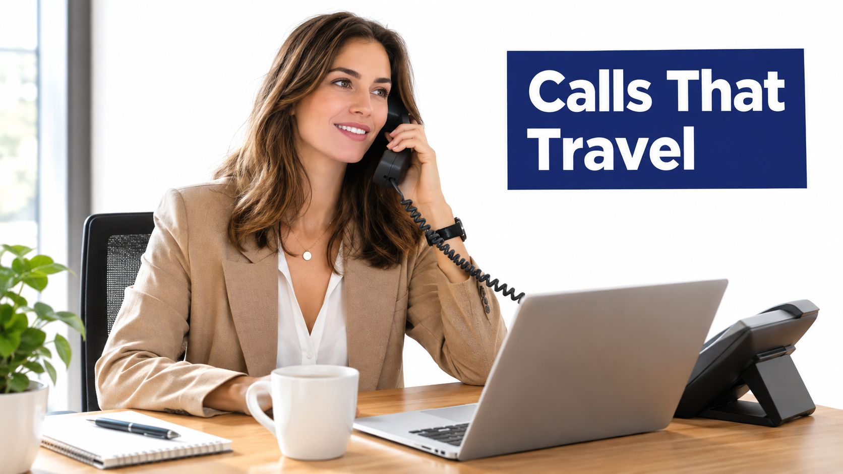 A professional businesswoman smiling while talking on a desk phone in a modern bright office setting.