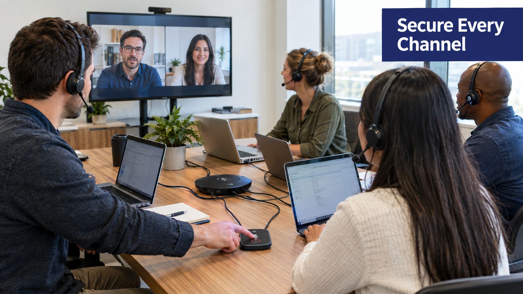 A professional team in a conference room having a video call with remote colleagues on screen.