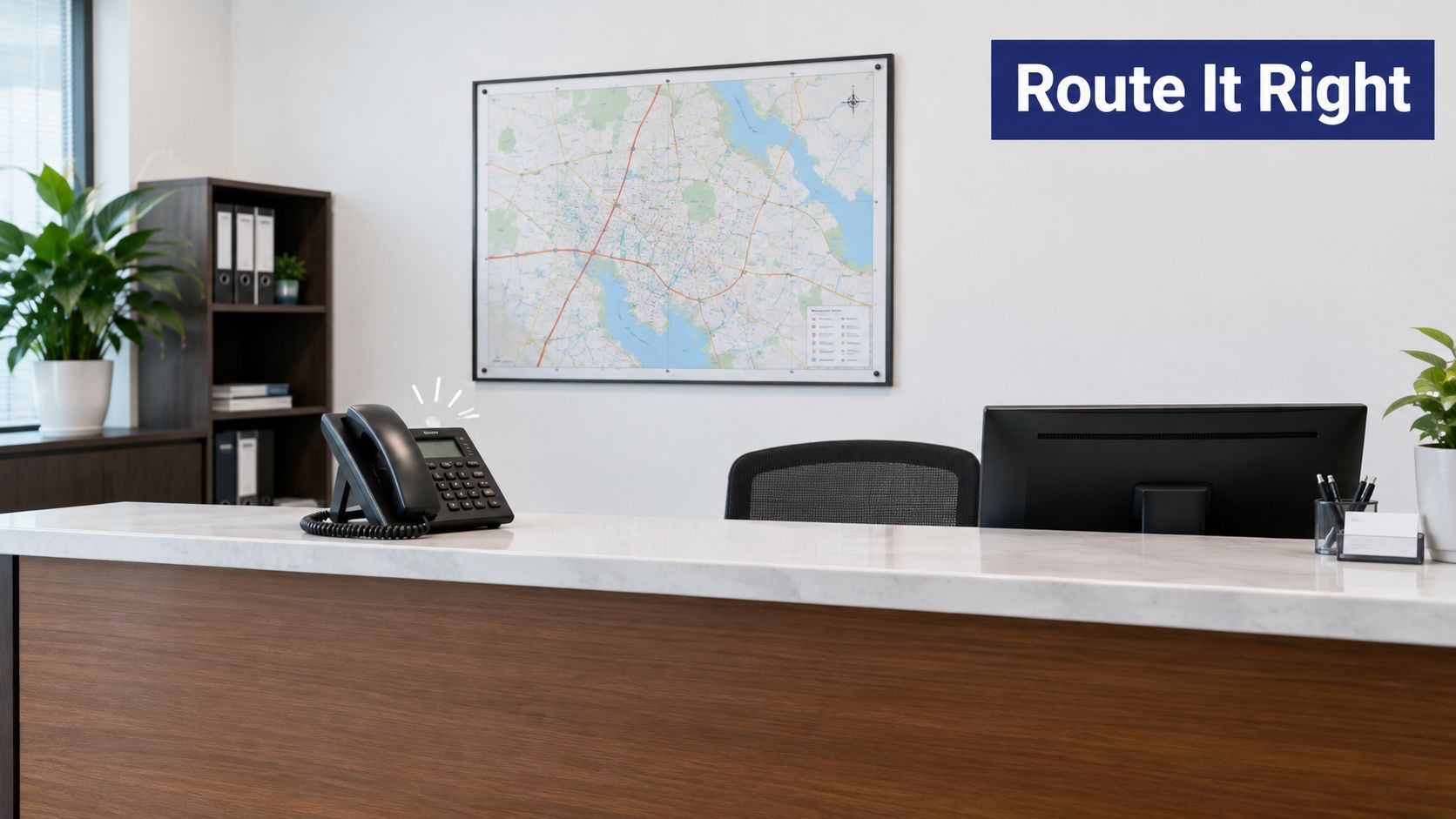 An office reception desk with a phone, map on the wall, and computer monitor in background.