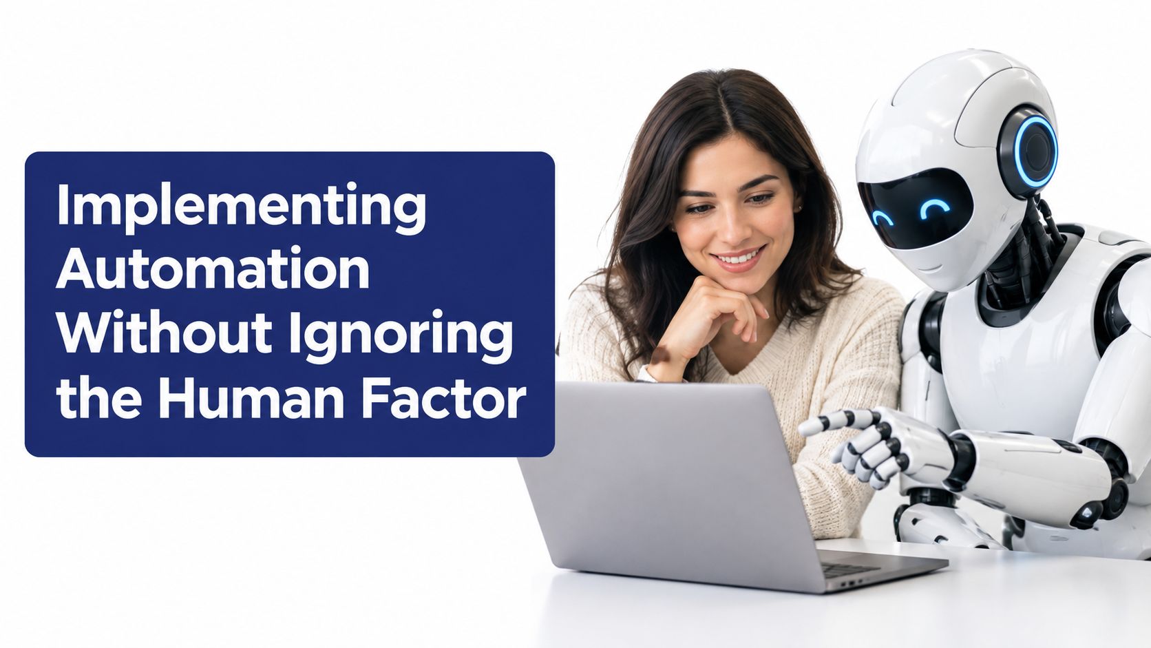 A smiling woman collaborating with a futuristic white robot on a laptop in a workspace.