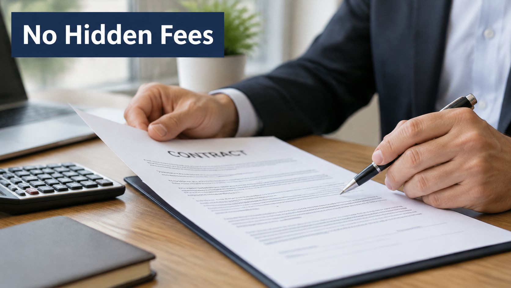 A professional in a suit reviewing a business contract, emphasizing transparency with no hidden fees.