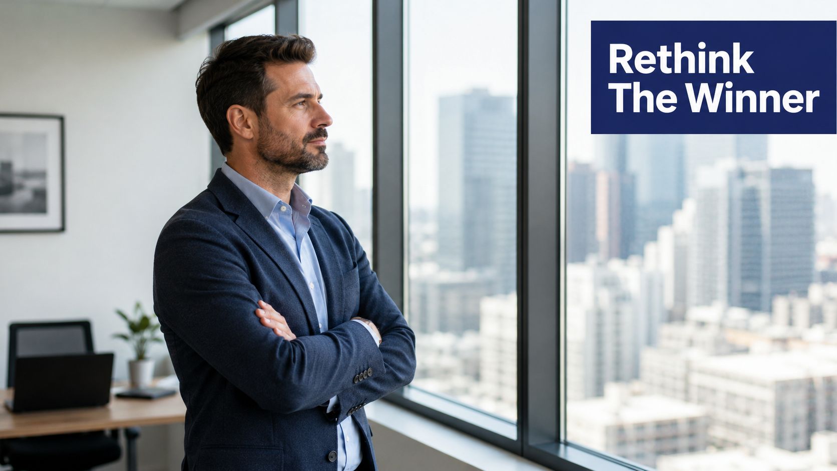 A professional businessman in a suit standing and looking out a window at a city skyline.