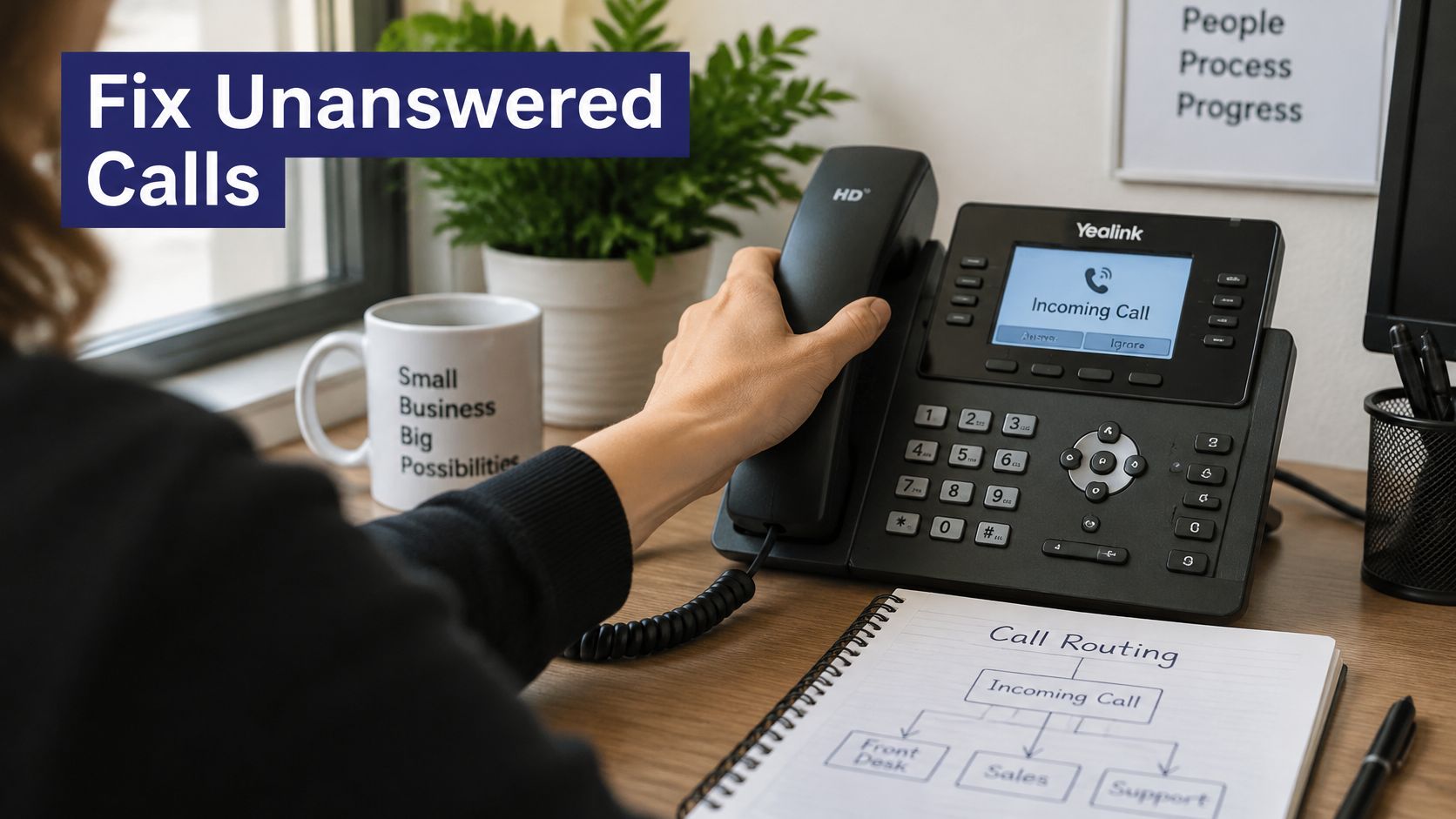 An office worker holds a Yealink business phone while reviewing a hand-drawn call routing chart for small businesses.
