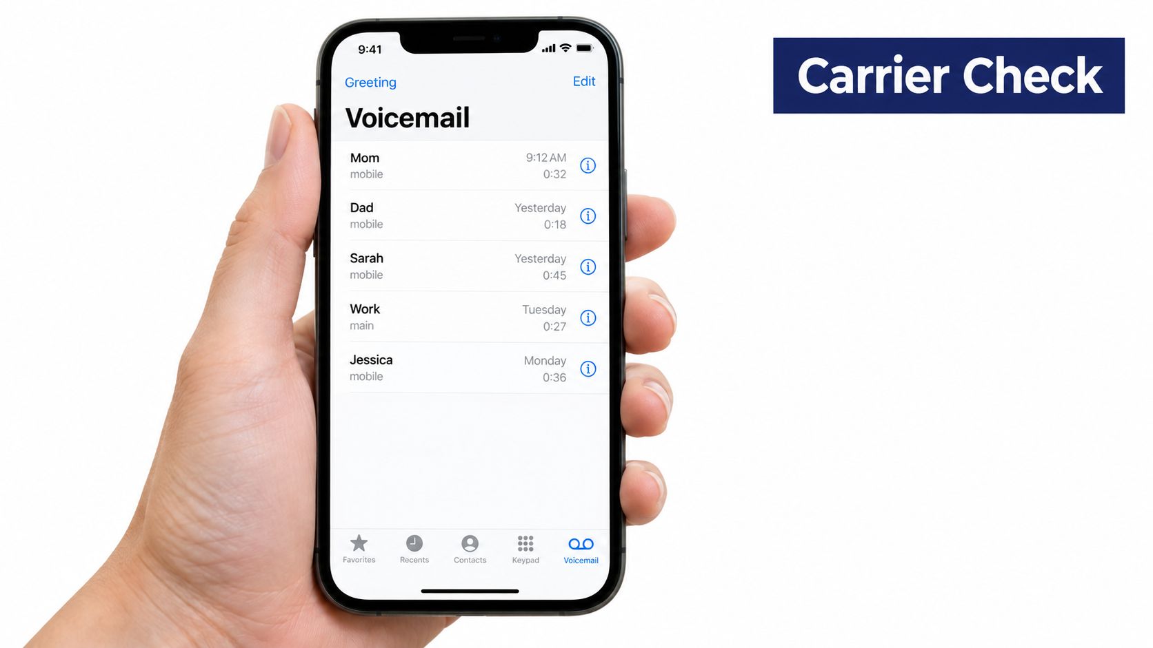 A hand holding a smartphone displaying the visual voicemail screen with a list of recorded messages.