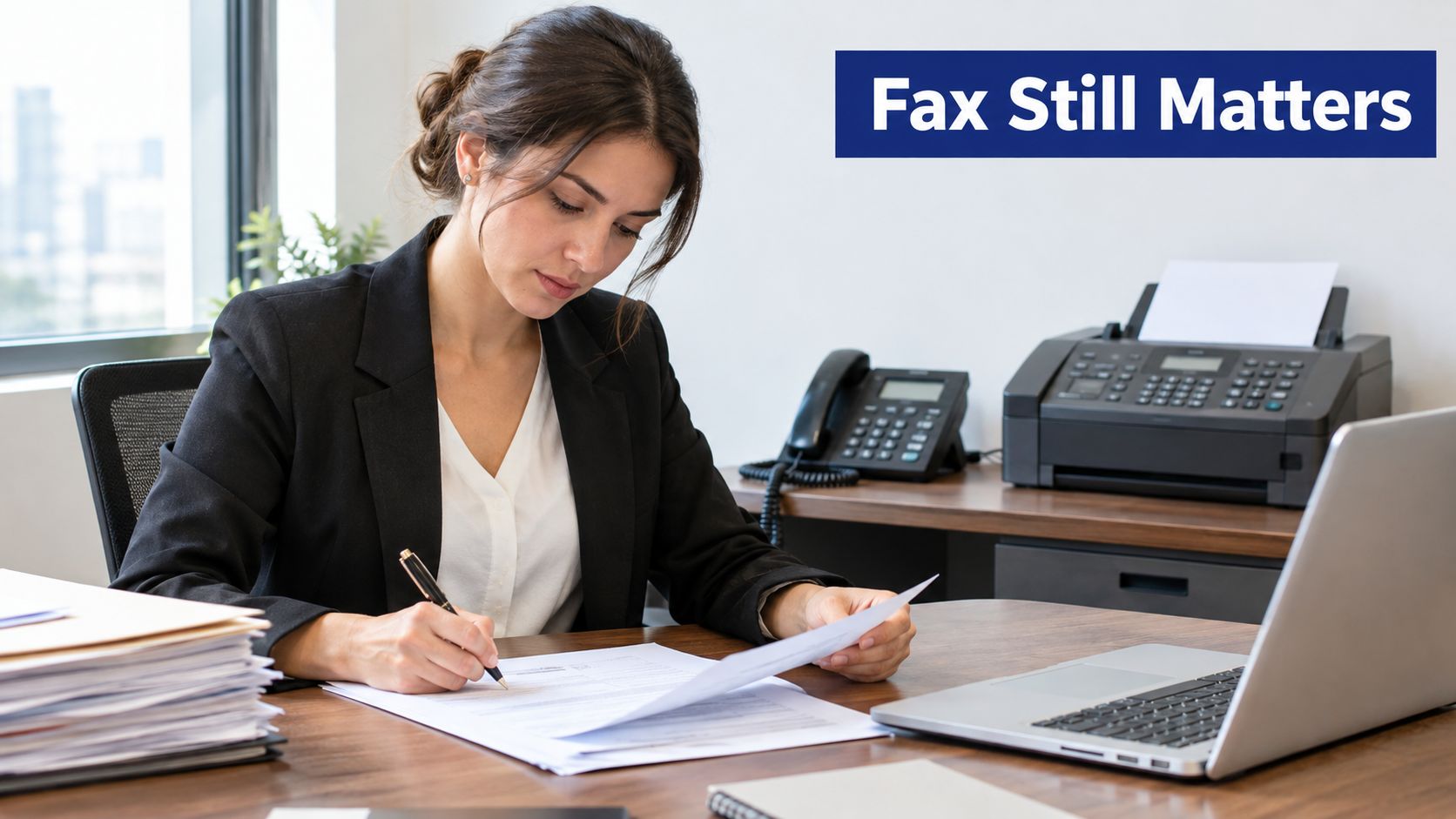 A professional woman in a business suit sitting at her desk signing a document.