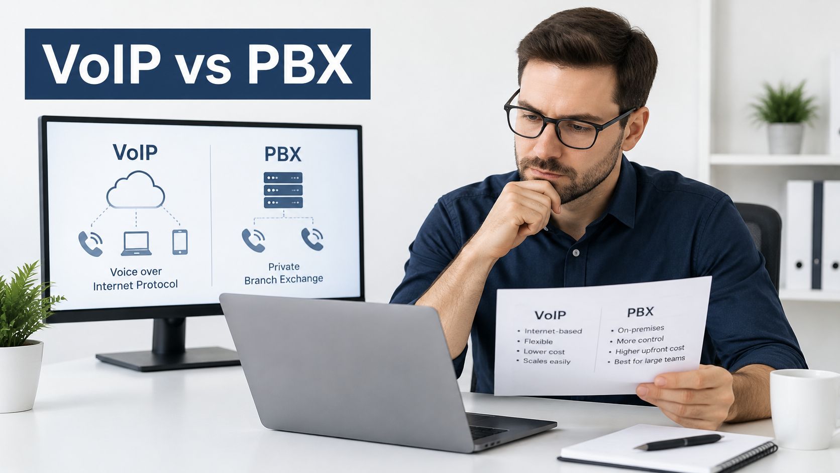 A professional man at a desk comparing VoIP and PBX telecommunication systems on a computer monitor and document.