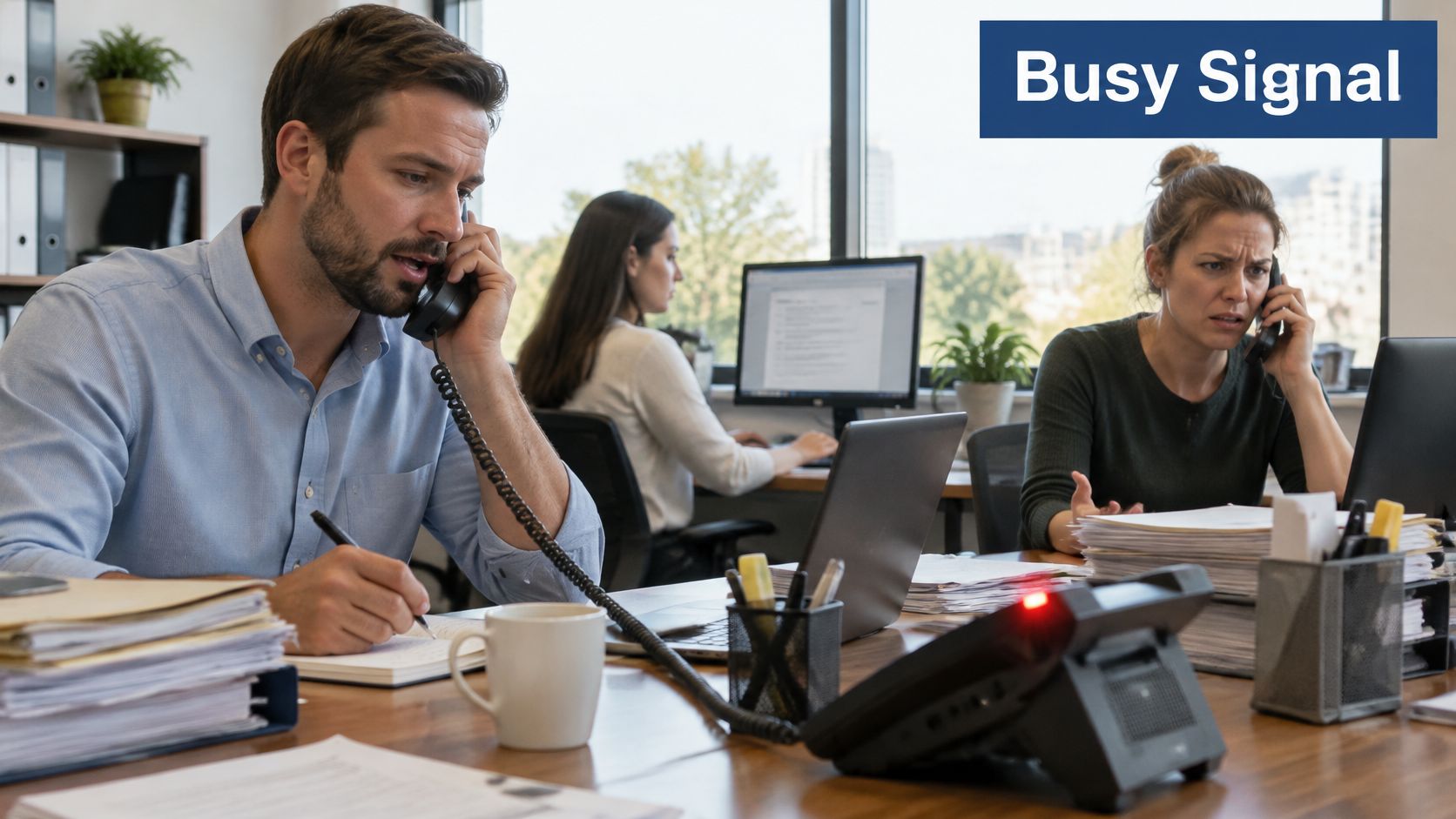 A professional office environment where colleagues are busy working and answering multiple incoming phone calls simultaneously.