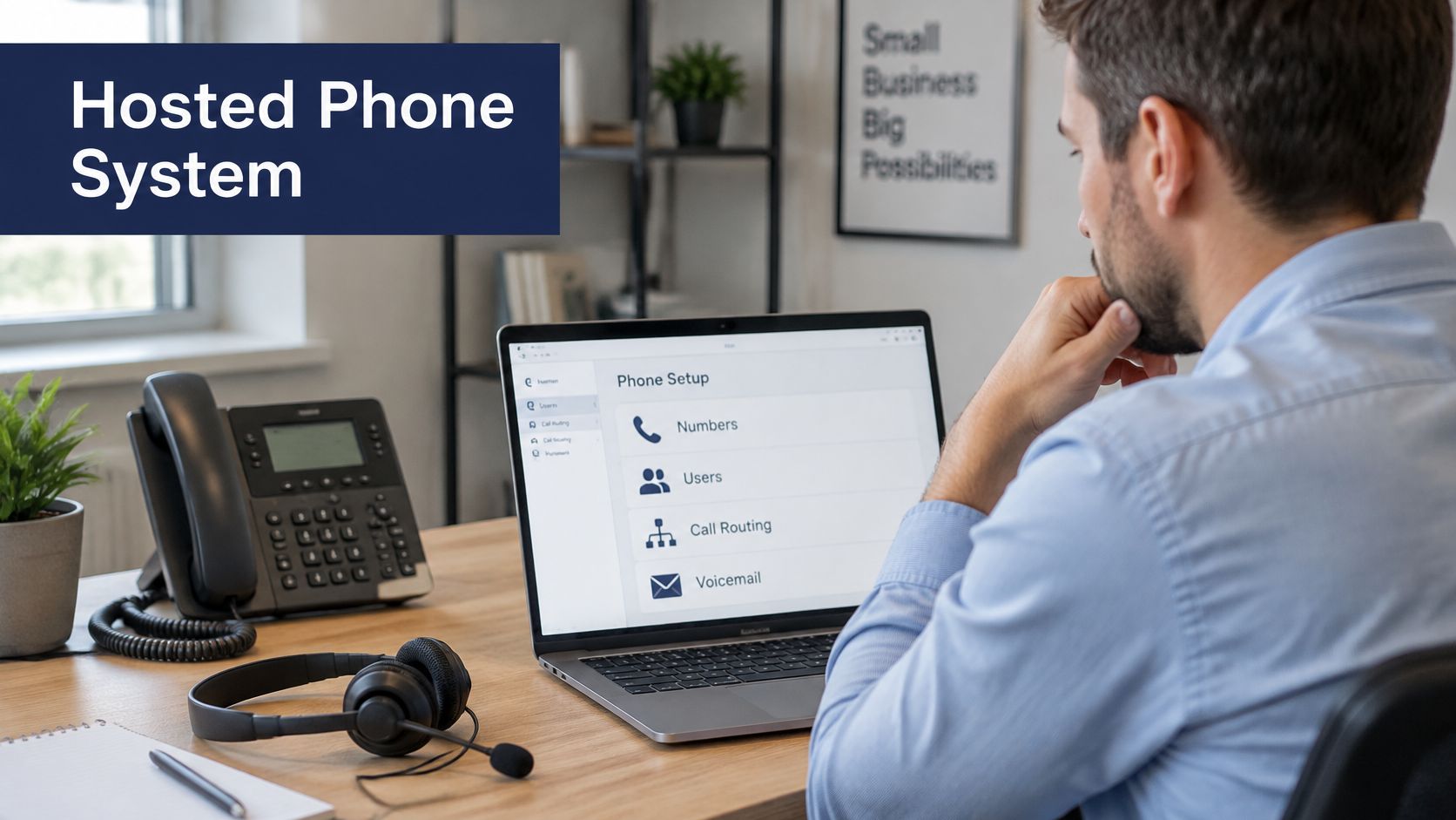 A professional man works on a hosted phone system setup on his laptop in a modern office.