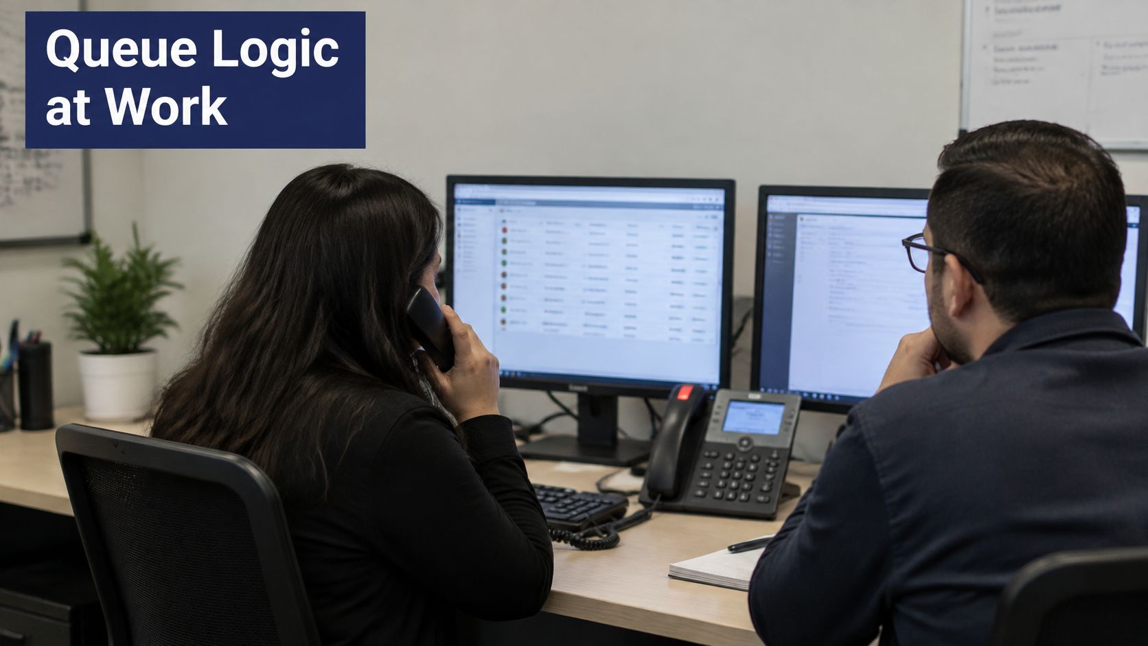 A woman talking on a phone while working on a computer next to a male colleague.
